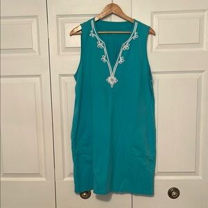 Lands' End Teal Swim Coverup with White Embroidery 18